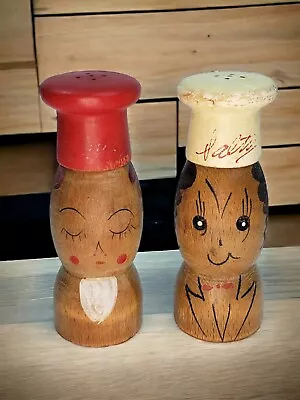 Vintage Wood Chefs Salt & Pepper Shakers Wood Hand Painted • $14.99