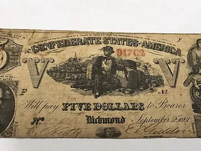 A&o-t-37-csa $5 1861 Red Validation Stamp-red Date Stamp-civil War Era-#91762 • $199