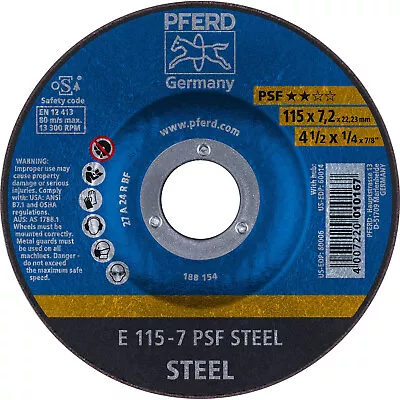 PFERD 60006 4-1/2  X 1/4  Grinding Wheel 7/8  AH A 24 R PSF- STEEL T27 (10pk) • $18.85