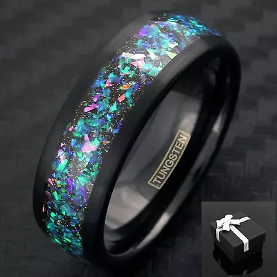 8mm Black Tungsten Celestial Galaxy Crushed Opal Men's Wedding Band Ring • $22.99