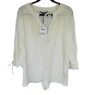 Zara Women’s White/ivory Oversized Cotton Embroidered Boho Tunic Top Size XS NWT • $30