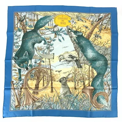 HERMES Scarf Carre 90 CHASSE Au BOIS 100% Silk Fox Rabbit Blue Yellow R8436 • £533.22