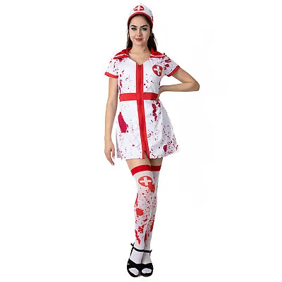 Ladies Bloody Nurse Halloween Fancy Dress Costume Plus Hat Blood Stained Outfit • £18.99