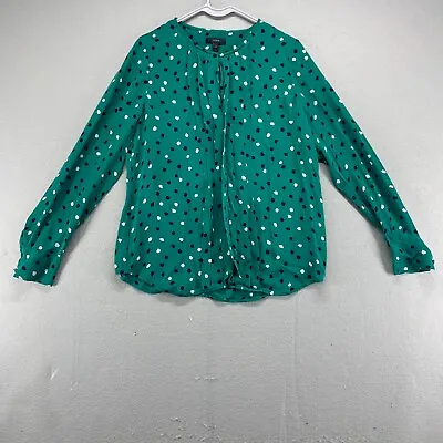 J Crew Shirt Womens 8 Green Blouse Top 100% Silk Long Sleeve Pleated Polka Dots • $21.99