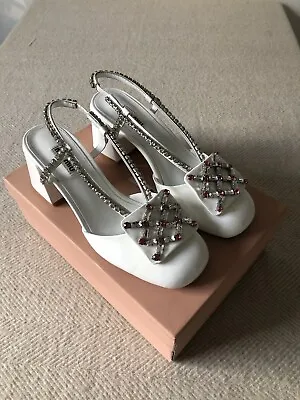 Miu Miu Crystal-embellished White & Pink Patent Pumps Sling Back Shoes UK 5 • £350