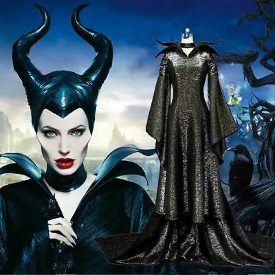 Womens Halloween Cosplay Costume Maleficent Evil Queen Party Set Fancy Dress+Hat • £17.69