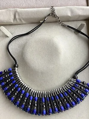 Retro Egyptian Style Hand Made Acrylic Black Blue Bead Fringe Collar Necklace • £6.49