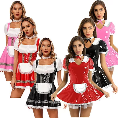 Women's French Maid Cosplay Costume Patent Leather Short Sleeves Dress And Apron • $7.19