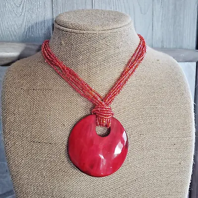 African- Maasai Beaded Choker With Dyed Horn Pendant- Red- Kenya- New Al • $13.49