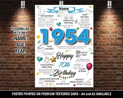 70th 1954 Birthday Poster Present Gift Personalised Name Mum Daughter Wife Her • £5.70