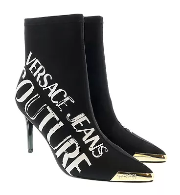 Versace Jeans Couture Black Signature Print Cap Toe High Heel Boots- • $249.99
