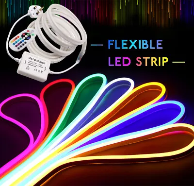 LED Strip Neon Flex Rope Light Waterproof 1-50M 220V Flexible Outdoor Lighting • £19.37