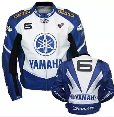 Men's Blue White Yamaha Racing Motorcycle Genuine Leather Biker Jacket • £129.99