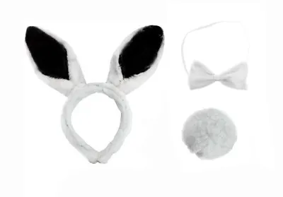 Fluffy Easter Bunny Rabbit Headband Ears Tail Bow Tie Fancy Dress Set BLACK  • £2.90