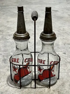 Set Of (2) Texaco FIRE CHIEF Motor Oil Bottles W/ Metal Wire Oil Bottle Carrier • $193.12