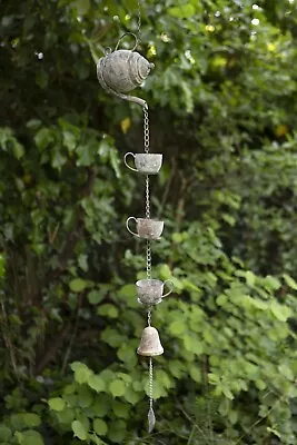 Teapot And Teacups Rain Chain With Bell Hanging Garden Ornament • £29