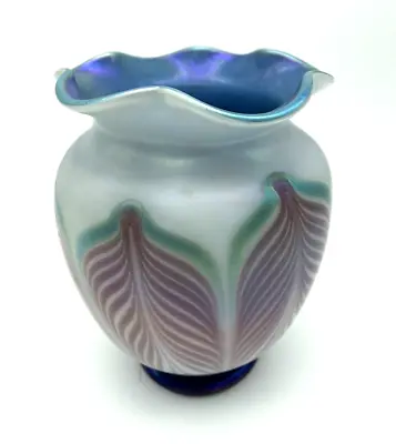 Vandermark Iridescent  Art Glass Pulled Feather Vase Signed • $189.99