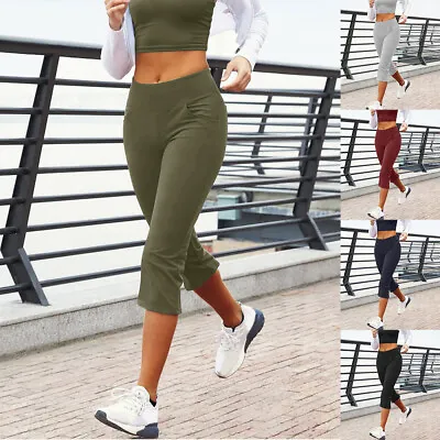 Women Yoga Capri Pants Leggings 3/4 Length Gym Sport Fitness Cropped Trousers UK • £9.59