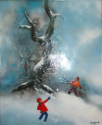 Large MAX KARP ORIGINAL  Kids Snowball Fight  Signed Enamel On Copper Painting! • $9439