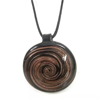 Murano Marked Black Art Glass Brown Copper Glitter Swirl Pendant Necklace Italy • $16