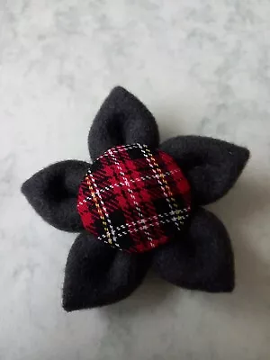 Handcrafted Flower Brooch. Thick Dark Grey Felted Wool. Red Tartan Padded Centre • £4.99