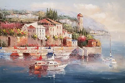 Mediterranean Harbor- #4CMH-1 24x36 100% Hand Painted Oil Painting On Canvas • $59.99