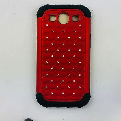 Samsung Galaxy 3 S3 I9300 Hybrid Phone Case Hard & Soft Plastic Cover Red Bling • $3.99