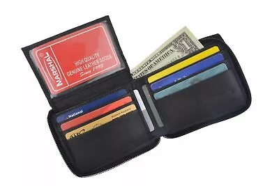 Genuine Leather Men's Zipper Zip-Around Organizer Bifold Wallet Black Brown Gift • $10.99