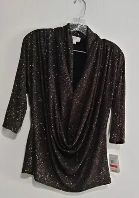 ECI New York Top Blouse Womens Size XS Gold Sparkle Black Cowl Neck 3/4 Sleeve • $18.99