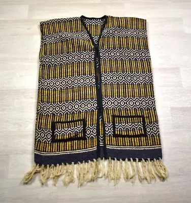 70s Mexican Fringe Vest Yellow Poncho Blanket Serape Baja Stripe VTG 1970s Biker • $44.88