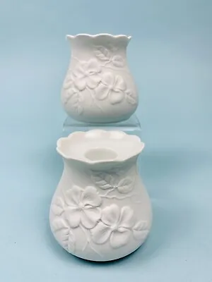 Vintage AK Kaiser 655 Porcelain White Bisque Embossed Flower Candlesticks German • $22.49