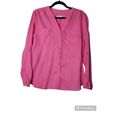 Charter Club Linen Blouse Womens L Pink V Neck Roll Tab Sleeve Button Down Boho • $10.95