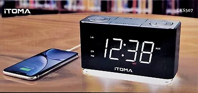 USED ITOMA Alarm Clock With Bluetooth Large LED Display FM Radio Dual Alarm USB • £12.90