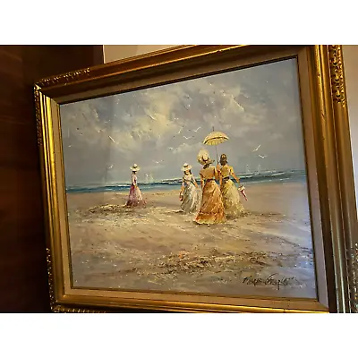 1960 Original Oil Painting Marie Charlot Impressionist Beach Victorian Seascape • $399.70