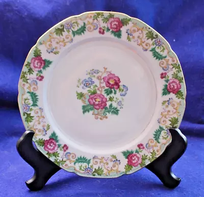 TTK DINNER PLATE Made In Occupied Japan Mid Century 10 Inch Green Pink Gold Trim • $12.99