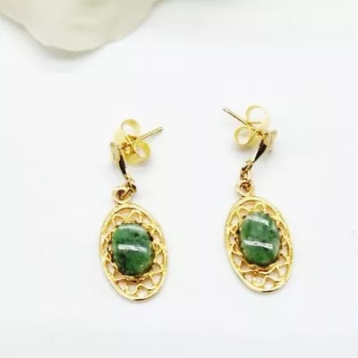 Vintage Pierced Earrings Gold Tone Round Filigree Green Jade Drop Dangle • $14