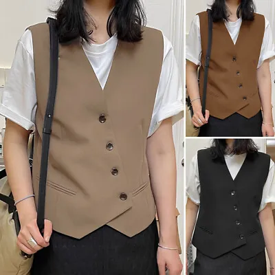 UK Women Sleeveless V Neck Tops Blazer Suit Buttons Open Formal Coat Jacket Vest • £13.99