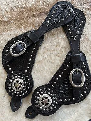 Adult Size Black Genuine Leather Silver Studs PAIR Of Western Spur Straps • $59.12