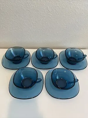 Vintage Vereco Glass Coffee Tea Mug & Saucer France Sapphire Blue 4 Oz. Set Of 5 • $48