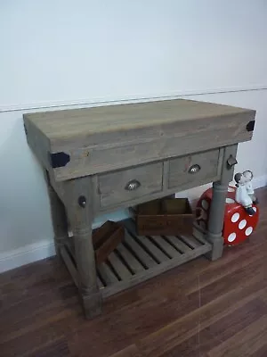 Farmhouse Style Butchers Block Bench In Weathered Oak Finish - Solid Wooden Top • £559