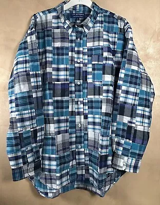 Cape Madras Plaid Patchwork Button Up Shirt Long Sleeve Men XL  Multi Blues • $25