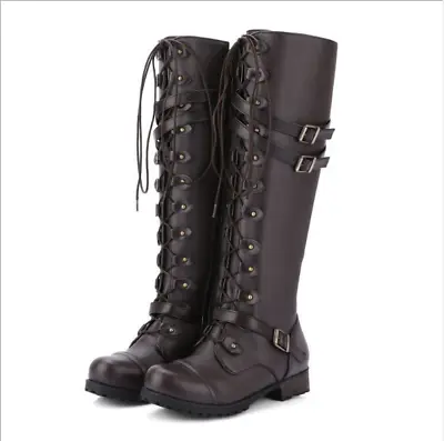 Ladies Womens Knee High Mid Calf Lace Up Biker Punk Military Combat Boots Shoes • $67.49