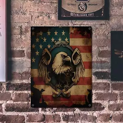 Vintage Patriotic Eagle Emblem With American Flag Metal Tin Sign 16  X 12  • $19.99