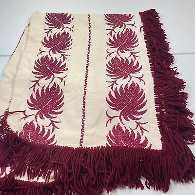 Vtg Handmade Throw Blanket Lap Red Leaves Flower Barkcloth Cotton Fringe • $39