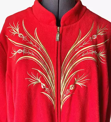 Bob Mackie Thistle Art 2X RED Robe Gold Embroidery Pearls Hvy Fleece Zip Up EXC • $37.89