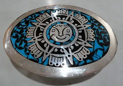 Belt Buckle Taxco Sterling Silver Inlaid Turquoise Sun 85 Gr. Excel. Mexico 925 • $77.95