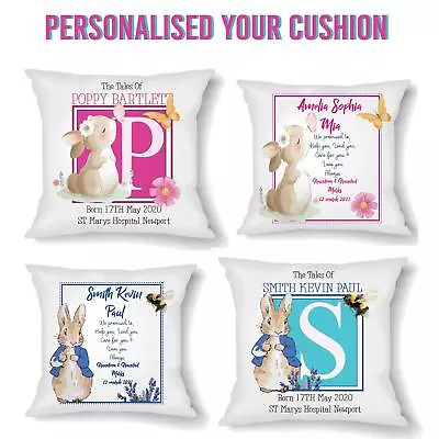 Personalised Christening Rabbit Cushion Cover New Born Baby Pillow Baby Shower • £13.99