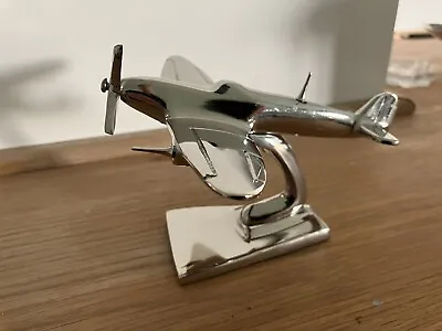 Metal Nickel Plaited RAF Battle Of Britain Spitfire Model On Stand Desk Top • £27.50