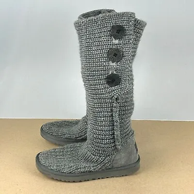 UGG Classic Cardy Button Knit Boots Womens 7 Gray Tall Pull On Sheepskin • $49