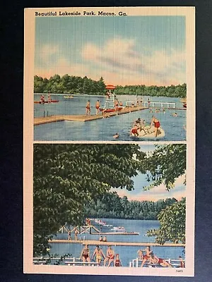 Linen Postcard Macon GA - People Swimming At Lakeside Park • $6